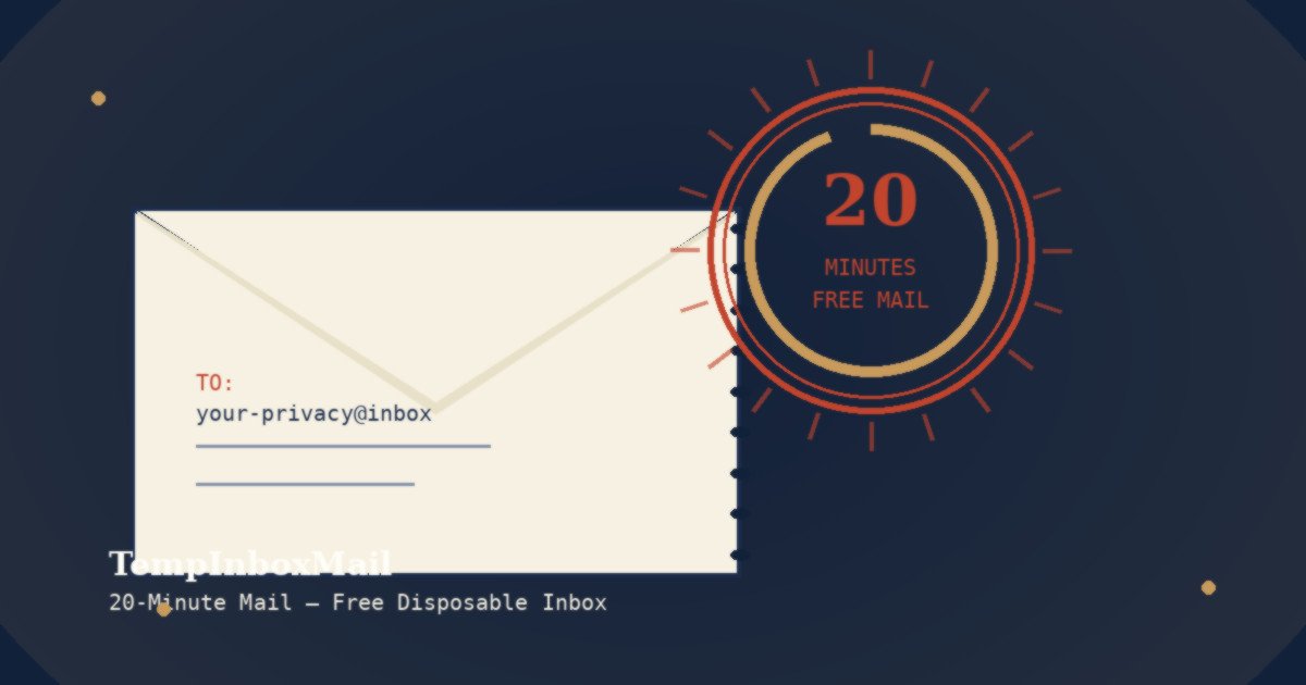 20-minute countdown postmark stamp, representing TempInboxMail's free temporary email inbox