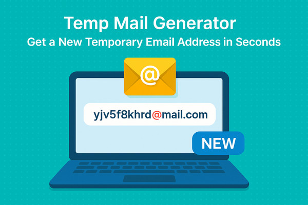 Temp mail generator interface showing new temporary email address creation
